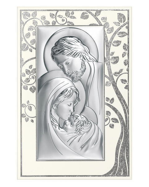 Obrazek z wizerunkiem Św. Rodziny na białym drewnie, z drzewem