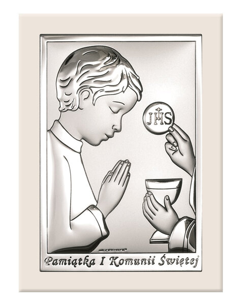 Obrazek na pamiątkę I Komunii Św. z chłopczykiem na białym drewienku